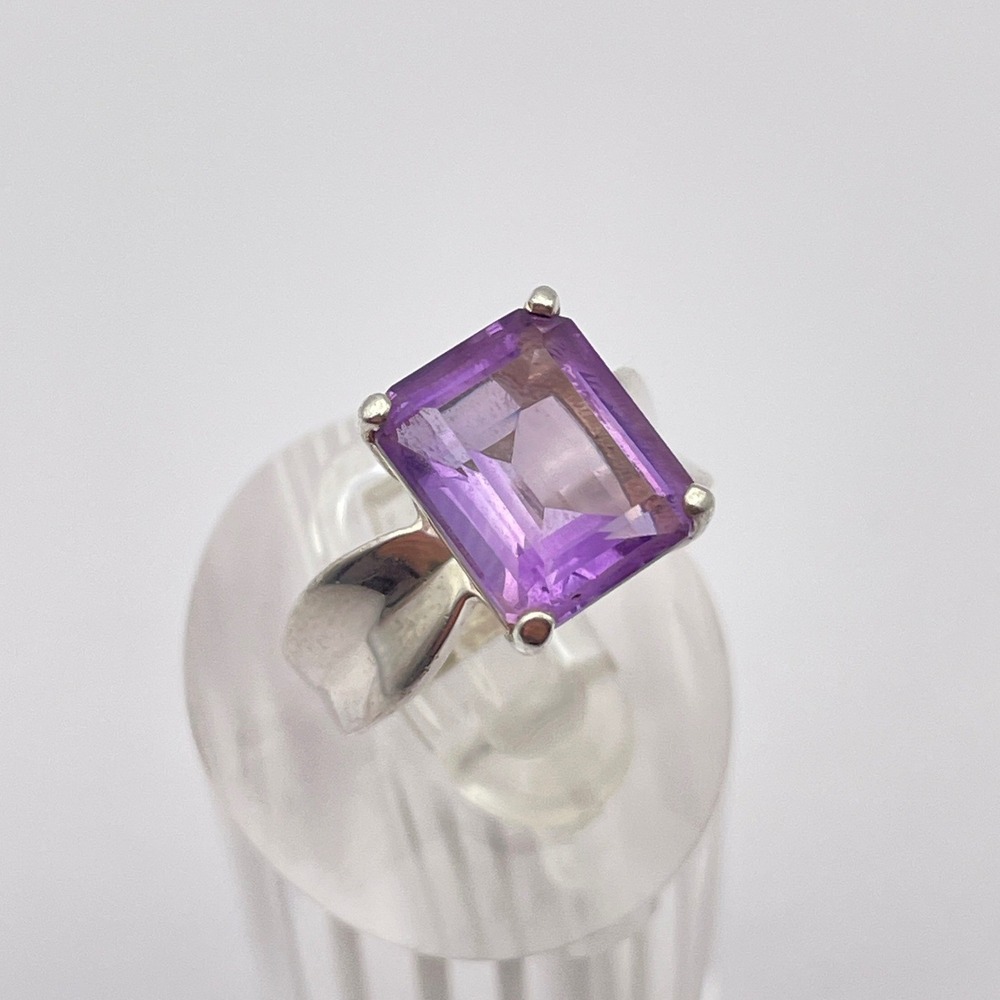Sterling Silver Amethyst Purple Color Emerald Cut Solitaire CZ Cocktail Ring - Picture 5 of 10